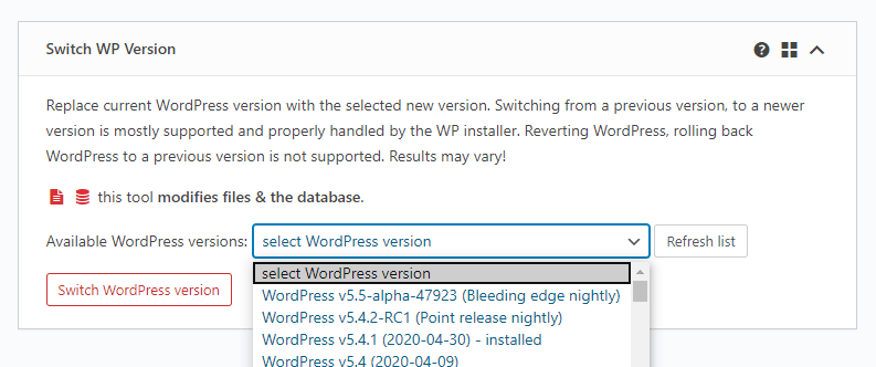 WP Reset เปลียนเวอร์ชั่น WordPress